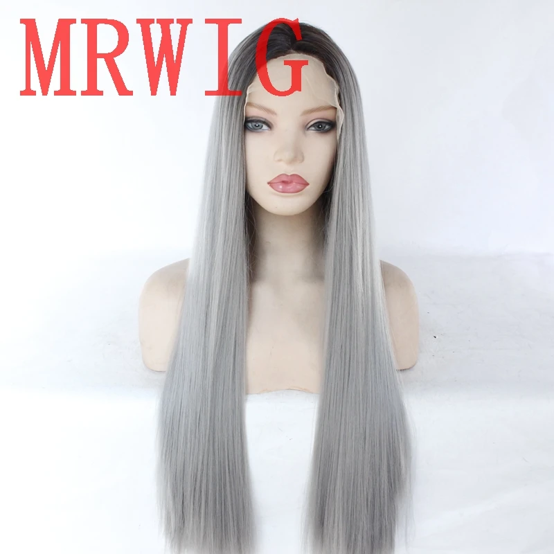 

MRWIG Ombre/Grey Synthetic Front Lace Wig Heat Resistant Fiber Middle Part 60cm Natural Looking Hair wig