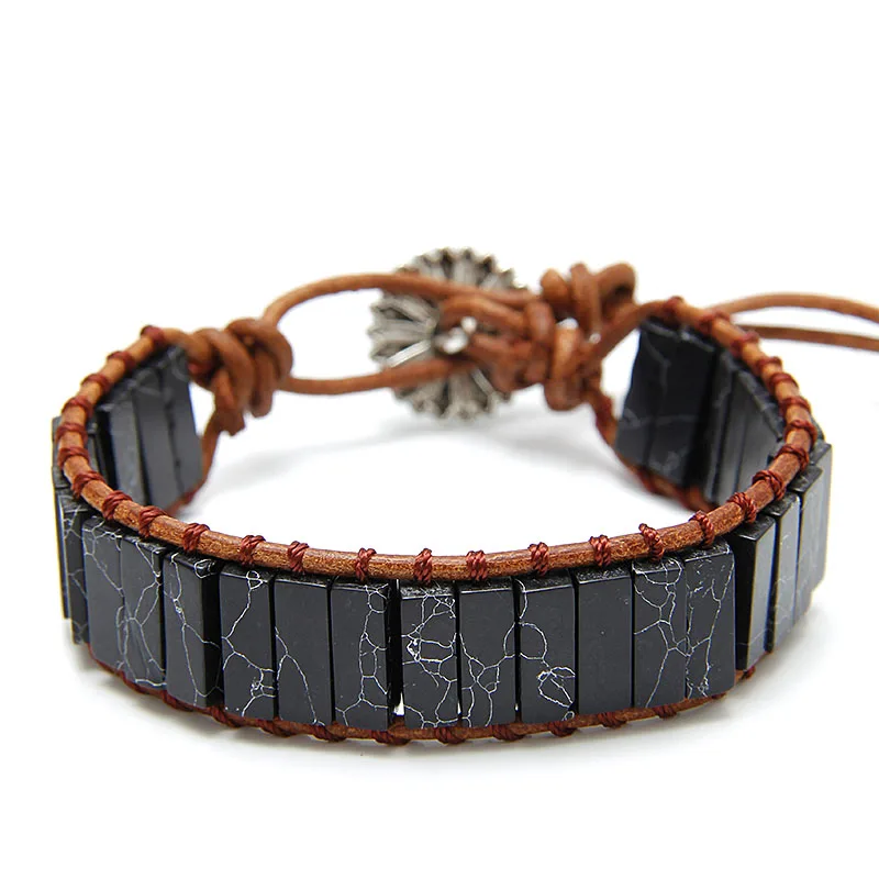 

Beautiful Chakra Bracelet Jewelry Handmade Black Pattern Stone Tube Beads Leather Wrap Bracelet Couples Bracelets Dropshipping