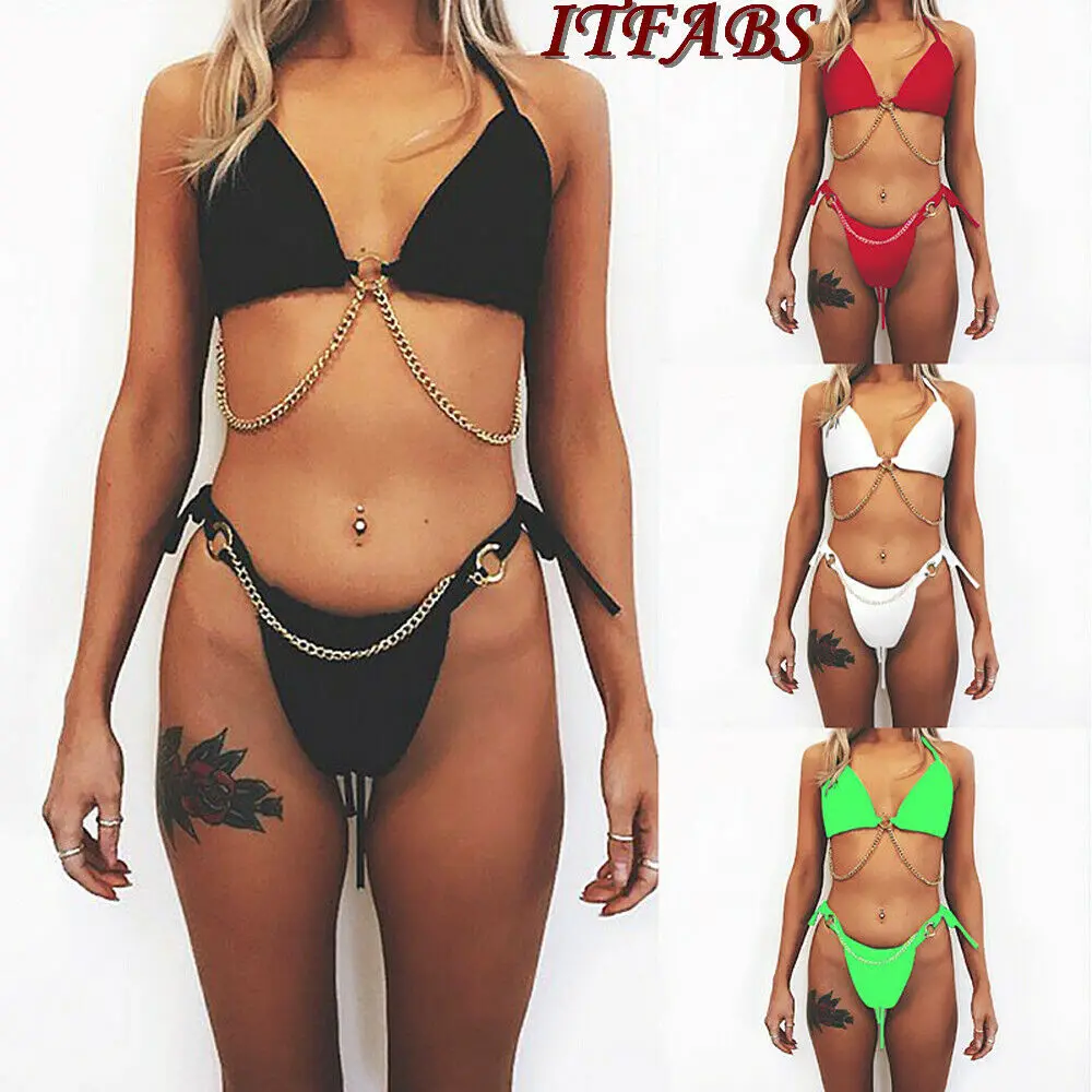 Brand NEW Women's Sexy Split Swimsuit Chain Padded Bra Swimwear Monokini Bikini Summer Hot Beachwear 4 Colors Female Swimsuits