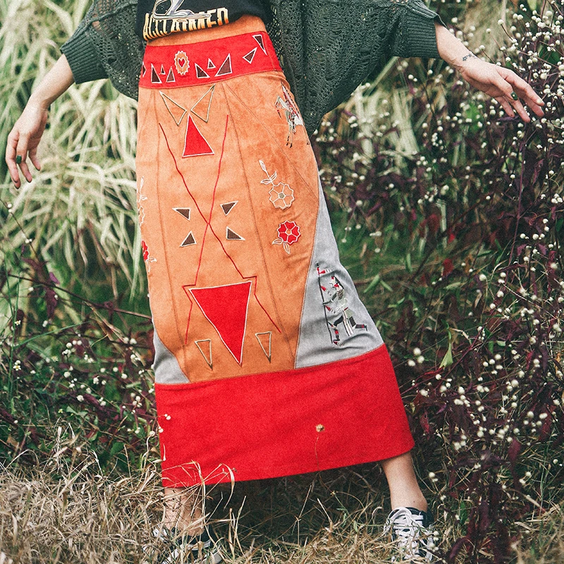 Jessica's Store Spring Autumn Women Vintage India Totem Print Luxury Embroidery Slim Suede Patchwork Straight Long Bust Skirt Jessica's Store Spring Autumn Women Vintage India Totem Print Luxury Embroidery Slim Suede Patchwork Straight Long Bust Skirt