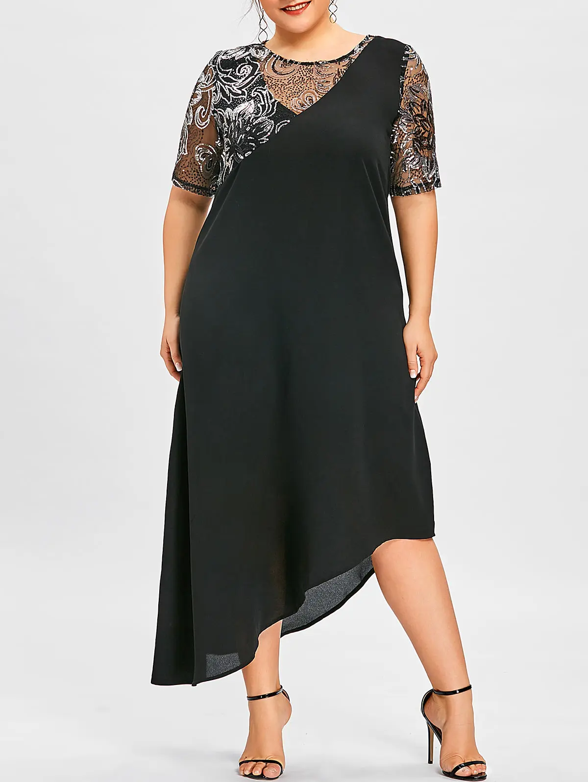 Wipalo Женское ассиметричное вечернее коктельное платье макси большого размера с паетками, элегантное летнее черное платье 5XL, платье с коротким рукавом - Цвет: Black