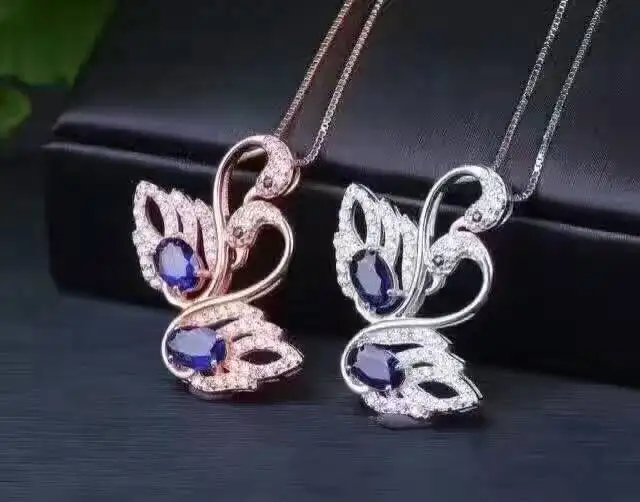 Натуральный сапфир кулон S925 серебро Природный камень кулон Цепочки и ожерелья Модный Романтический Двойной Лебедь женские свадебные Fine Jewelry
