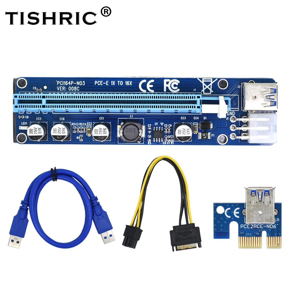 

TISHRIC 10pcs VER008C Molex 6 Pin PCIE PCI-E PCI Express Riser Card 1X to 16X Extender USB 3.0 Cable For Mining Bitcoin Miner