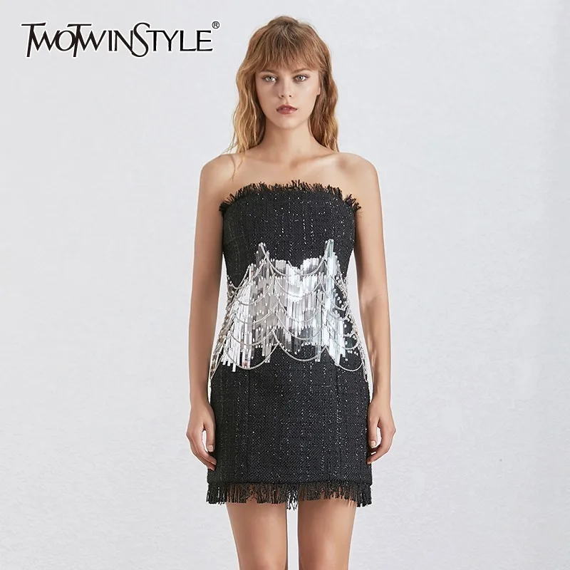 

TWOTWINSTYLE Sexy Strapless Off Shoulder Dress Women High Waist Sequined Patchwork Slim Pencil Dresses Female Fashion New Summer