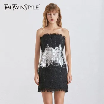 

TWOTWINSTYLE Sexy Strapless Off Shoulder Dress Women High Waist Sequined Patchwork Slim Pencil Dresses Female Fashion New Summer