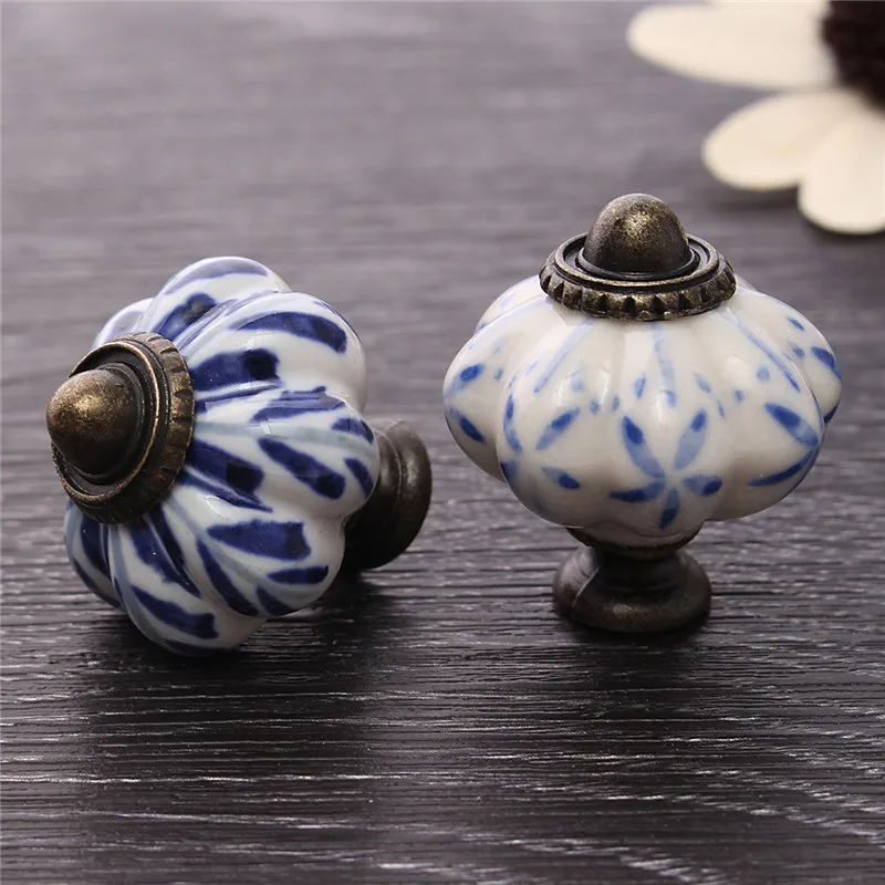 

34mm Blue Leaf Hand Painted Ceramic Pumpkin Bedroom Cupboard Cabinet Knobs Door Drawer Furniture Handle Pulls