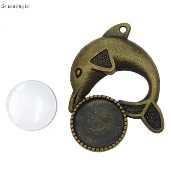 

44*33mm Bronze Dolphin Bezel Necklace Pendant Tray Blank with Clear Glass Cabochon Charms Women Bracelet Accessory DIY Finding