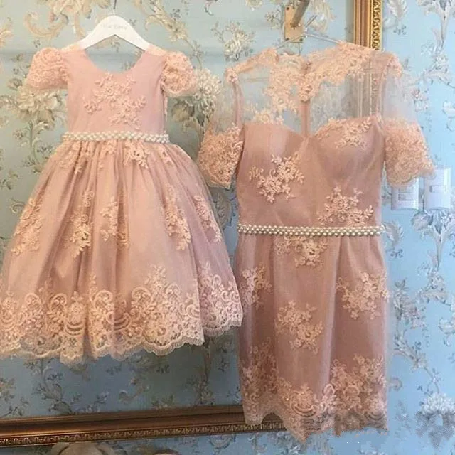 

New Pink lace flower girl dresses with beading sash pageant gowns for little girls mother daughter party gowns