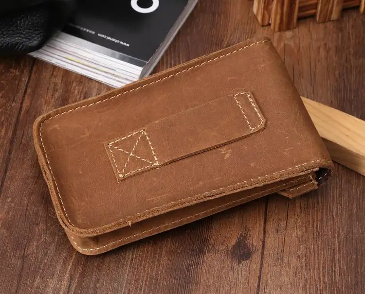 High Quality Crazy Horse leather Waist pack Phone Bag Belt Pouch Holster Cover Genuine leather hand made hasp phone bags