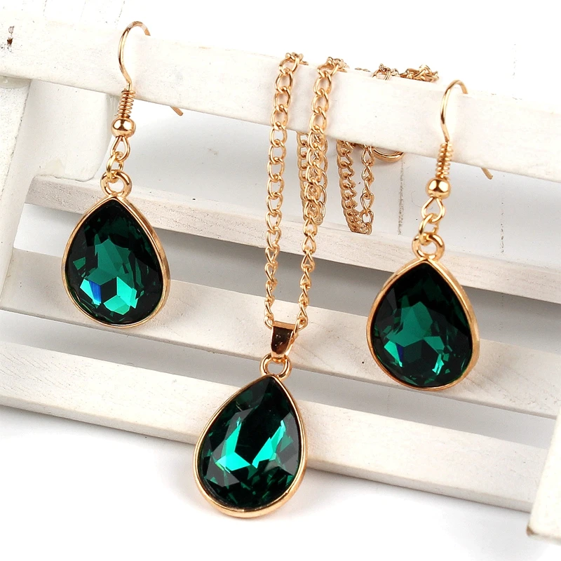 

1 set Rose Gold Water drop Pendant Necklace & earrings Fashion Jewelry green