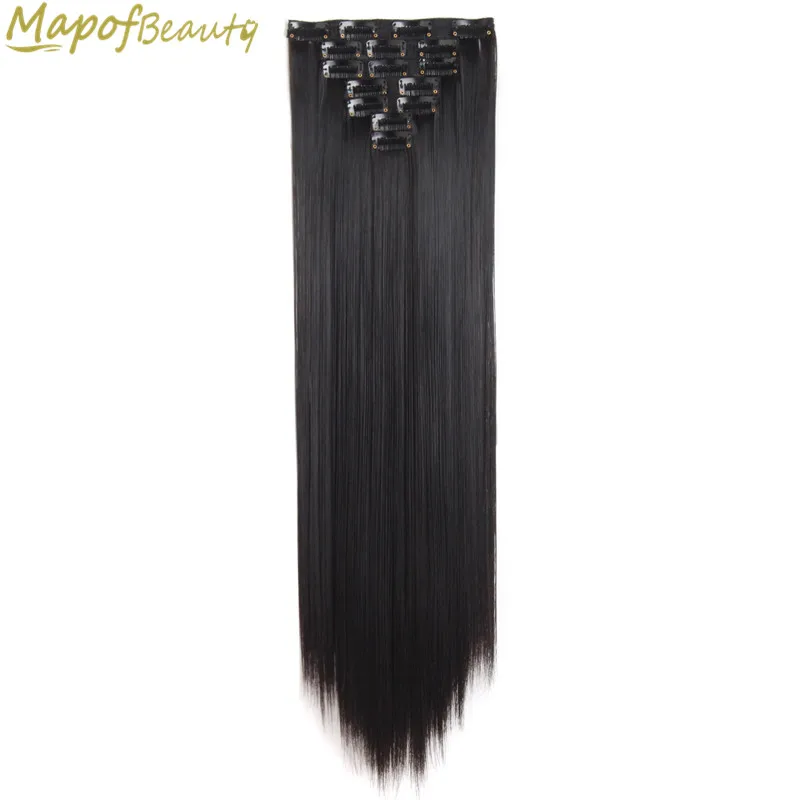 

7pcs/set 20" Long Straight Clip in one piece Hair Extensions Black Gold Brown Multi color Heat Resistant Synthetic MapofBeauty