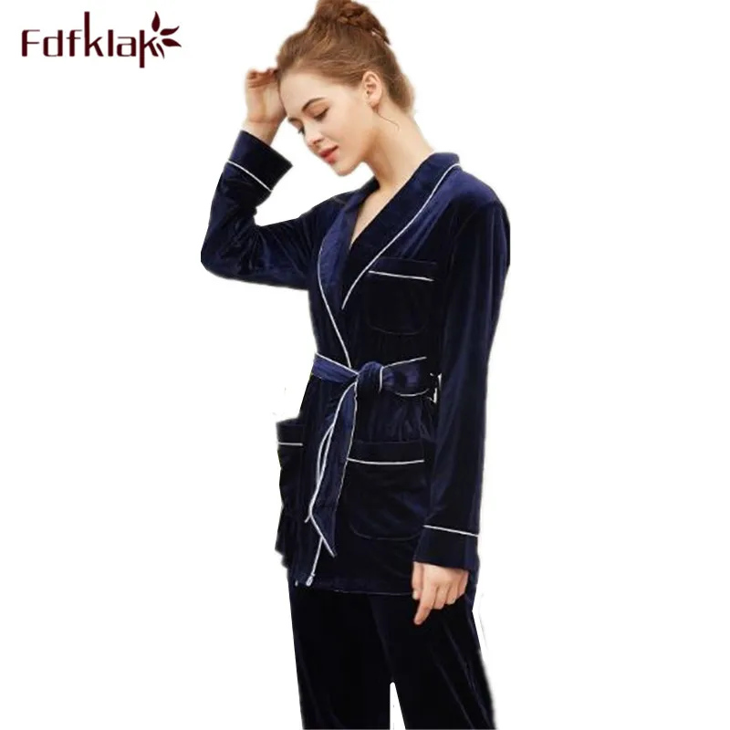 

Fdfklak Two pieces set gold velvet winter pajamas for women long sleeve pyjamas women sleepwear ladies nightwear home clothes
