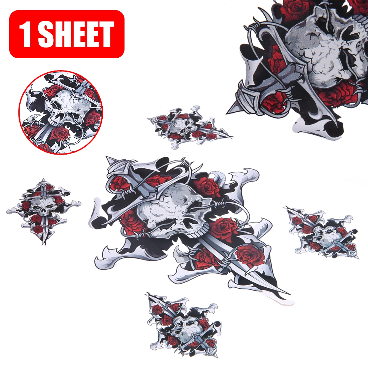 1 Sheet Red Rose Skull Self-adhesive Sticker Funny Decal Motorcycle Decoration For Auto Motorbike Motocross Scooter