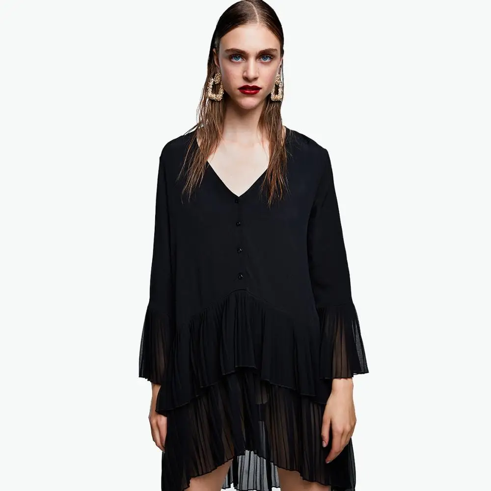 

Elegant V neck pleated long chiffon blouse long style long sleeve sweet shirts ladies casual chic tops blusas