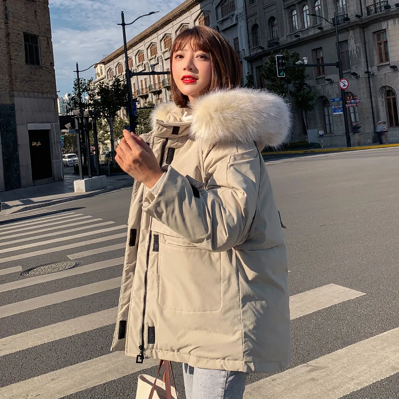

Two Big Pockets 2019 New Women Winter Jacket Black Beige Hooded With Fur Collar Female Parka Short Coat Outwear
