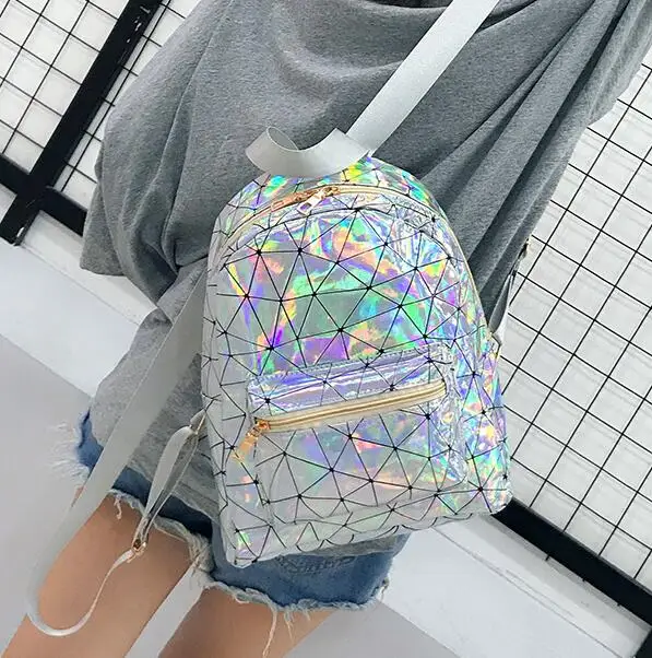 

2019 Backpack New Women Backpack Mini Travel Bags Silver Laser Backpack Women Girls Shoulder Bag PU Leather Holographic Backpack