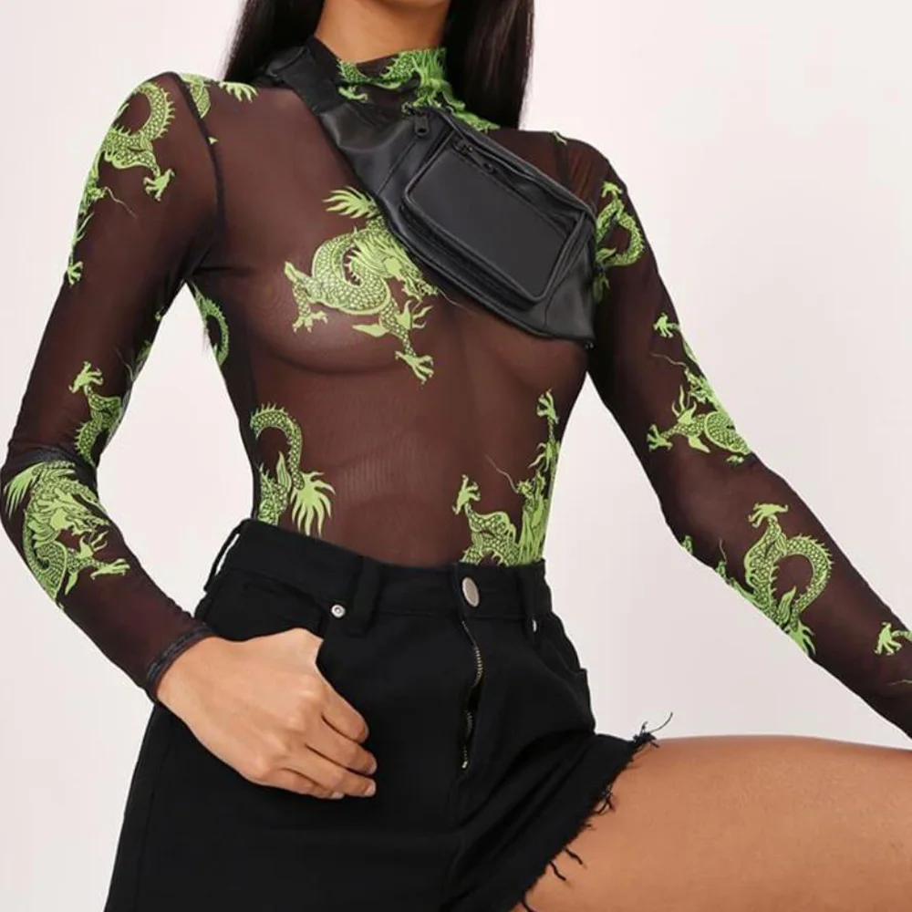 

LVINMW Sexy Mesh See Through Chinese Dragon Print Skinny Bodysuit 2019 Autumn Women Long Sleeve Slim Female Streetwear Body Top