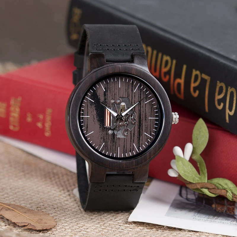 BOBO BIRD Black Wood Men's Watches Leather Band Wooden Wristwatches Vintage Gifts Watch Relogio Masculino C-H30 DROP SHIPPING