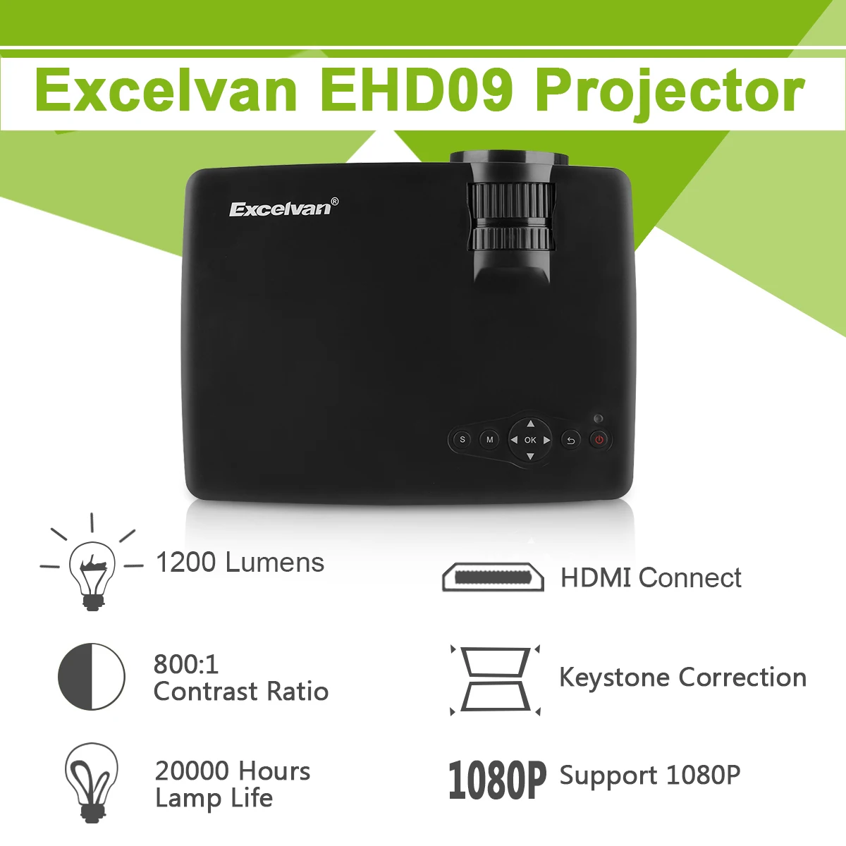 Excelvan EHD09 мини светодиодный проектор 800x480 пикселей 1200 люмен Домашний кинотеатр HDMI/USB/SD/AV/VGA/3,5 мм черный