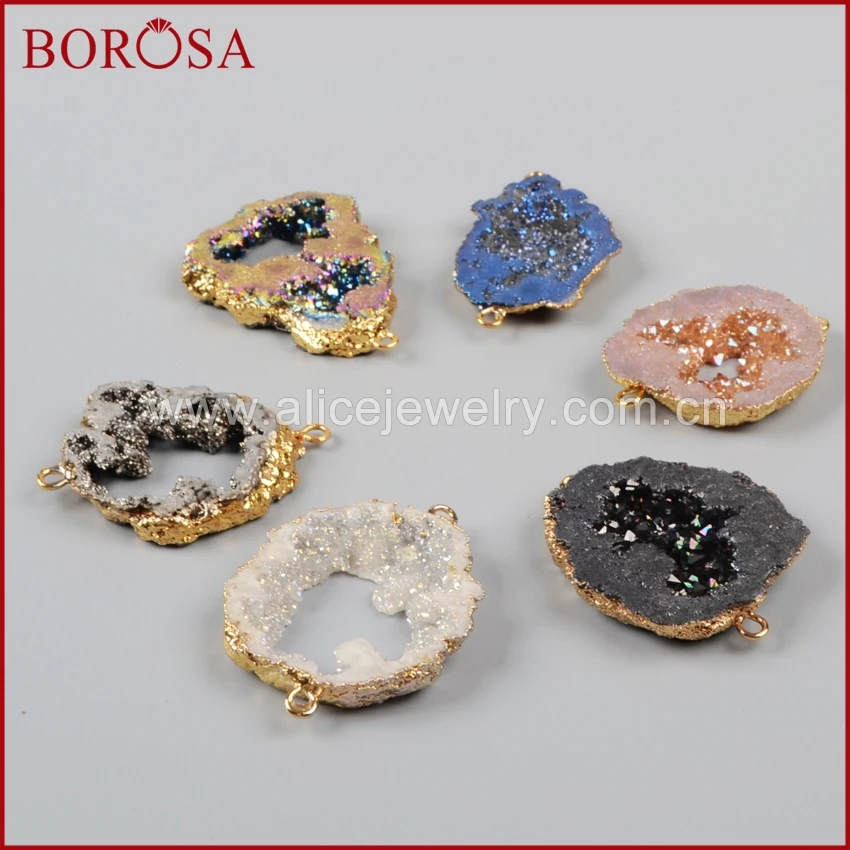 

BOROSA 10PCS Gold Color Natural Crystal Quartz Titanium Mix Color Druzy Geode Slice Connector Double Charms Drusy Jewelry G1016