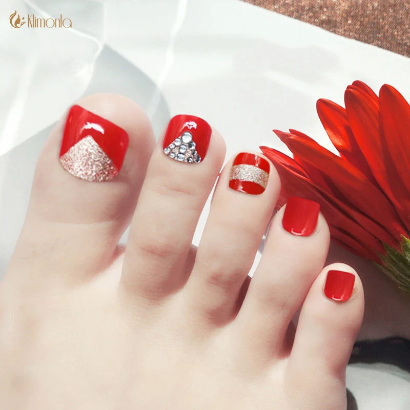 

24pcs/Set Latest Fake Nail Full Cover Nail Tips with 3D Shining Rhinestone Chic Red Foot Toe Nails Artificial False Nails Girls