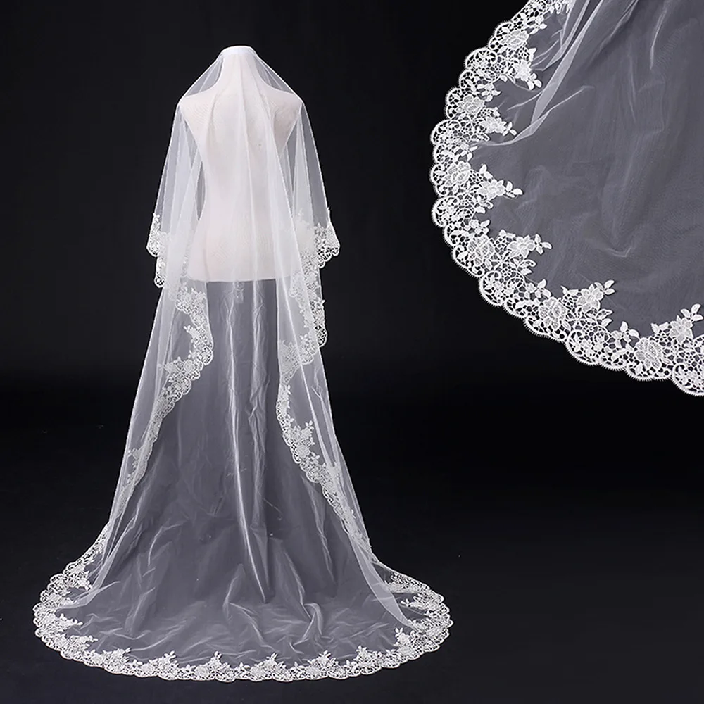 3 Meters White Cathedral Wedding Veils Long Lace Edge Bridal Veil without Comb Wedding Accessories Bride Veu Wedding Veil