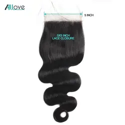 Allove человеческие волосы 5X5 кружева закрытия свободная часть перуанские кружева закрытия 8-20 дюймов тела волна Кружева закрытия с ребенком