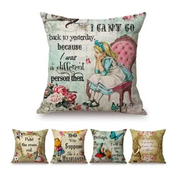 

Vintage Alice in Wonderland Cartoon Letters Print Home Decorative Sofa Throw Pillow Case Cotton Linen Kid's Art Cushion Cover