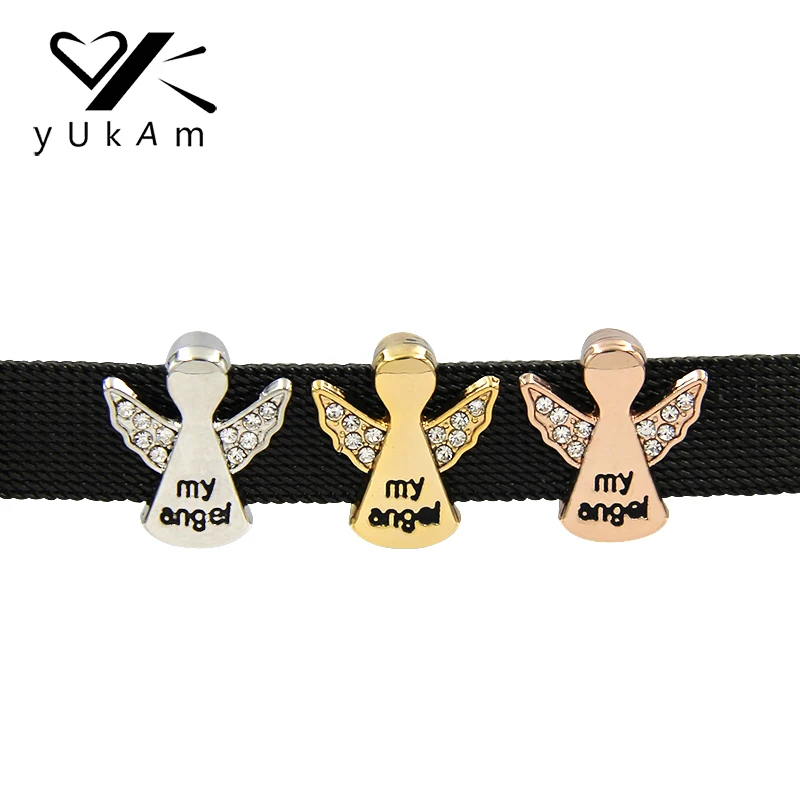 

YUKAM Antique Silver Rhinestone My Angel Wings Slide Charms Keeper for Stainless Steel Mesh Bracelets Jewelry Accessories Making