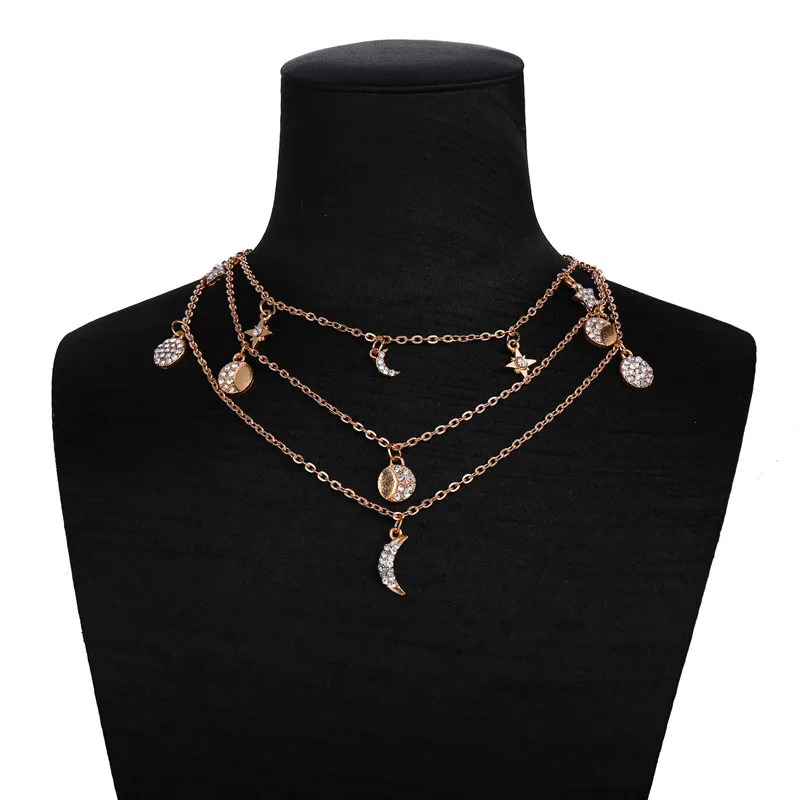 DANZE Boho Rhinestone Star Moon многослойное ожерелье с подвеской для женщин 2018 Золотое