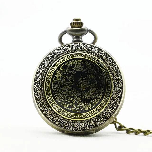 Античная бронза Дракон Феникс кварцевые карманные часы кулон с цепочкой ожерелье подарок для женщин мужчин PB626
