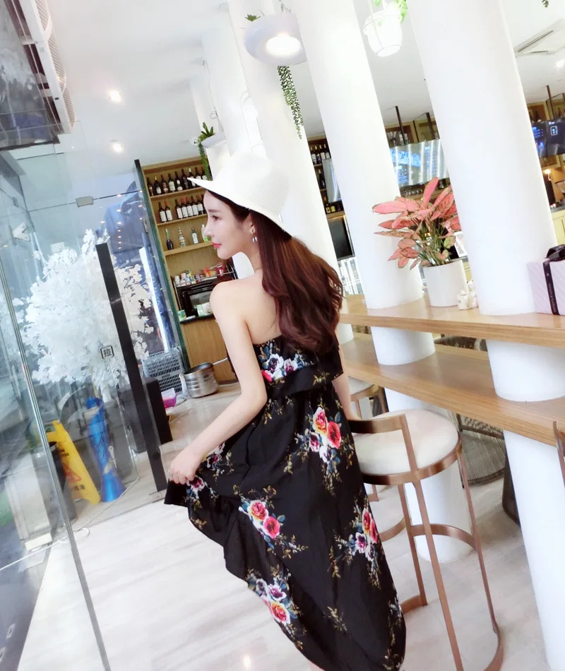 2018 New Summer Women's  Sexy  Printing  Ruffles Tops  Irregular Paty Dress Free Shipping
