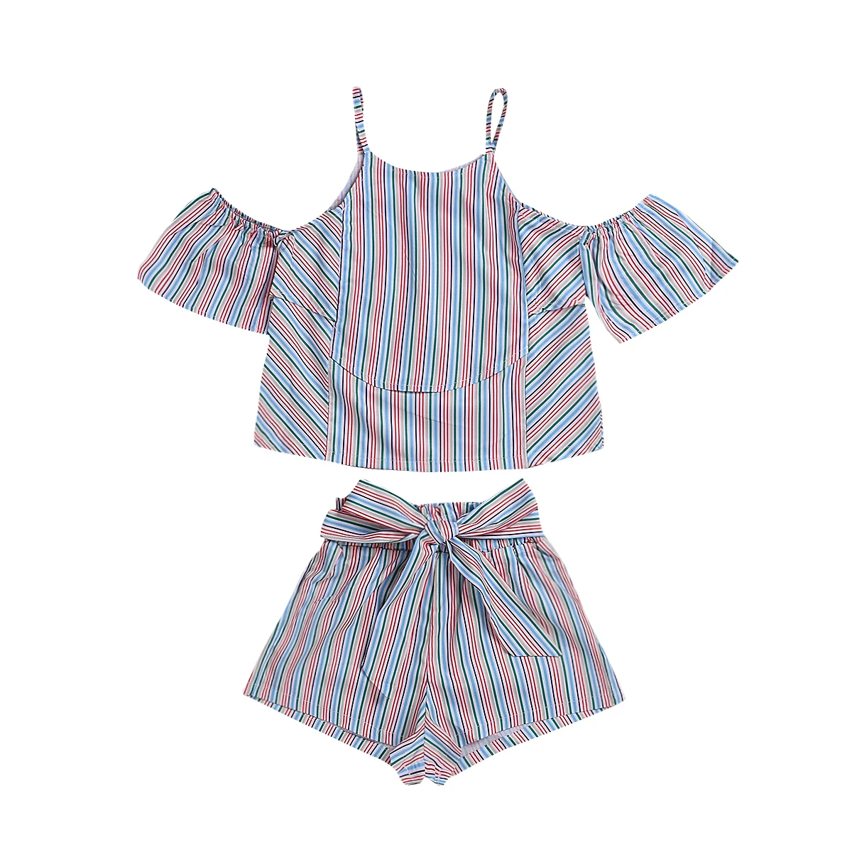 

Kid Baby Girl Summer Clothes Set Stripe Sling Tee+Bow Short Pant Clothing Set Outfit