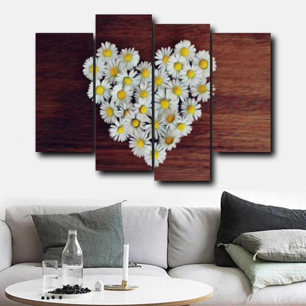 

Laeacco 4 Panel Wooden Board Daisy Garden Posters and Prints Modern Wall Art Canvas Painting for Living Room Home Decoration