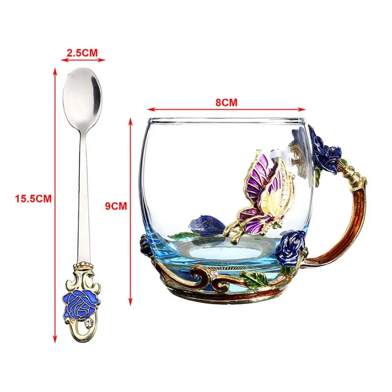 Синяя/красная эмалированная Хрустальная чашка цветочный чайный стеклянный высококачественный стеклянный стакан для воды кружка в цветочек с рукояткой идеальный подарок для любимой свадьбы - Цвет: 300mLBlue with Spoon