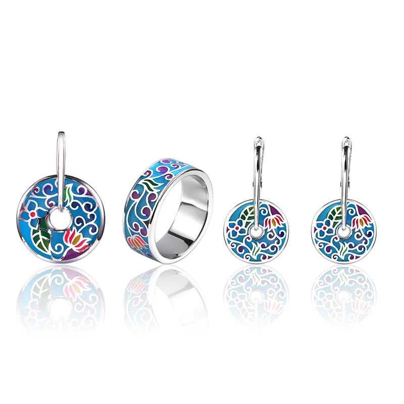 

Original 925 Sterling Silver blue Enamel Jewelry Set stub Earrings Pendant ring Fashion Jewelry For Women