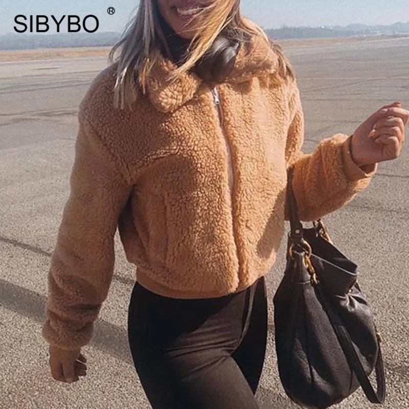 buy SIBYBO Teddy Cozy Warm Winter Jacket Women Long Sleeve Pockets Slim Women Coats and Jackets Solid C