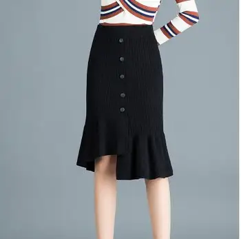 

Fashion Elegant Solid Ruffle Mermaid Skirts Womens 2020 Autumn Black Sexy Placke Elastic Knit Midi Skirts Office Lady Skirt