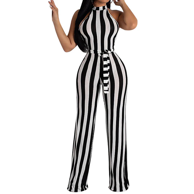 

Boho Summer Women's Jumpsuit Black White Striped Sleeveless Halter Romper Belts Sexy Backless Loose Ladies Long Jumpsuits