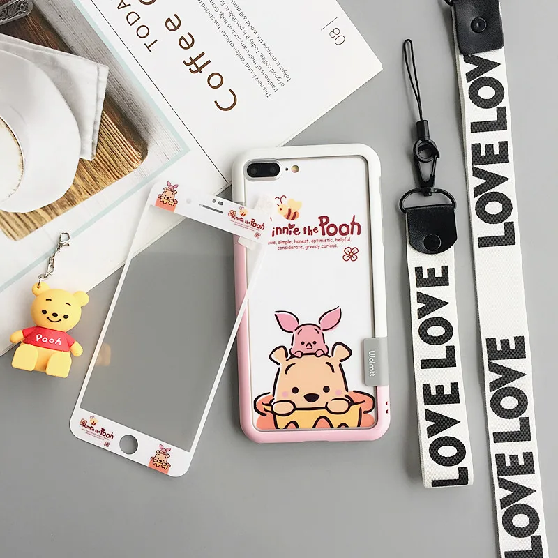 

For iphone 8plus bumper +Cartoon winnie Piglet Tempered Glass flim for iPhone XS max XR X 7 7plus 6 6S 6sp Cover + holder +strap