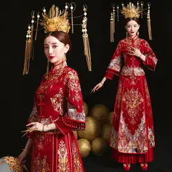 Красный невесты Cheongsam зерна модные женские туфли вышивка современный китайский свадебное платье длинные традиционная одежда Китайский