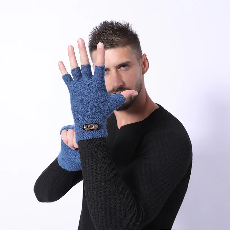 Модные зимние акриловые шерстяные плюс плюшевые толстые жаккардовые вязаные теплые рукавицы на пол пальца мужские перчатки с сенсорным экраном C2