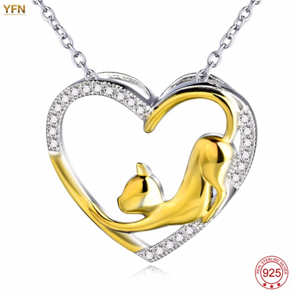 Yfn новый 925 Серебряное ожерелье Кулон Кошка Роскошные модные золотые украшения Цвет Женщины Сердце ожерелья Колье GNX0459