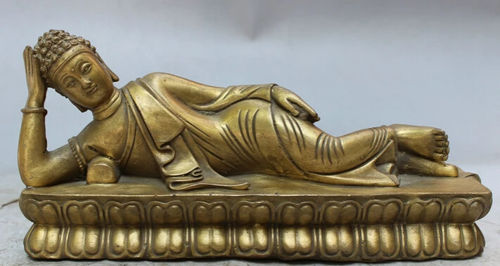 

S3140 8" Chinese Tibet Pure Brass Copper Sleep Shakyamuni Sakyamuni Buddha Statue D0317