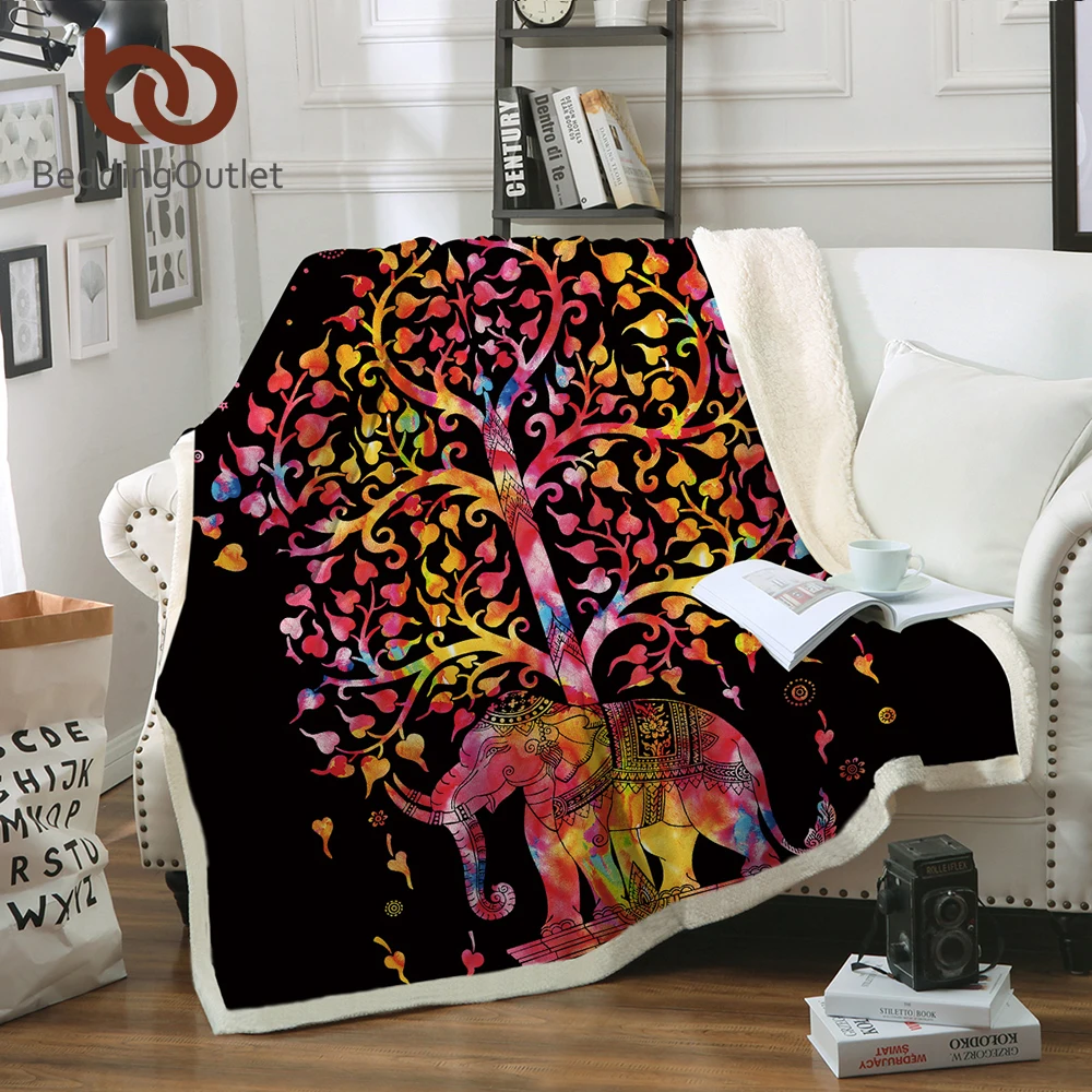 

BeddingOutlet Velvet Plush Reversible Sherpa Blanket Bohemian Elephant Mandala Pattern Fleece Blanket Microfiber for Bed Couch