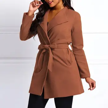 

Winter 2019 Casual Plus Size Office Ladies Elegant Women Overcoats Straight Lace Up Green Autumn Female Vintage Fashion Coats