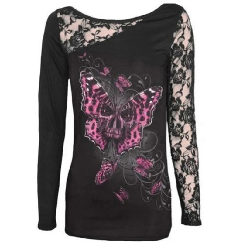 

t shirt women 2019 ladies round neck long-sleeved lace patchwork sexy long-sleeved T-shirt vestidos stranger things BLK3100