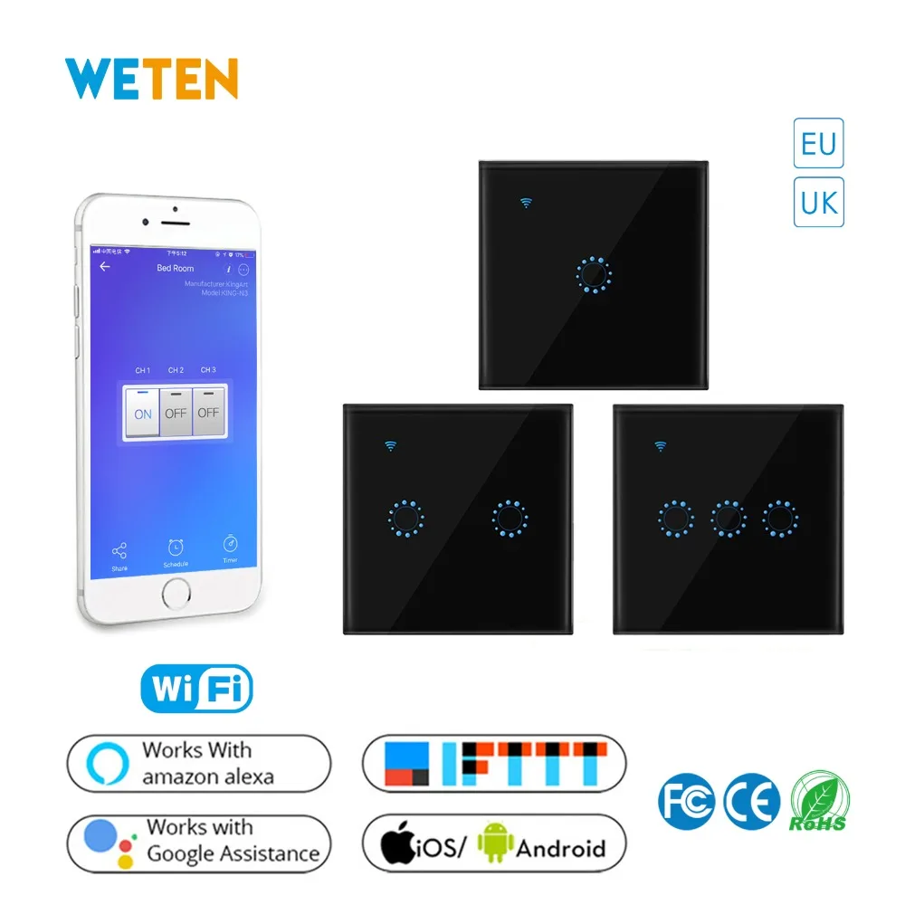 

Wifi Smart Wall Touch Switch Glass Panel Ewelink APP Control Support Alexa Google Home EU UK Black 1 2 3 Gang Timing Switch
