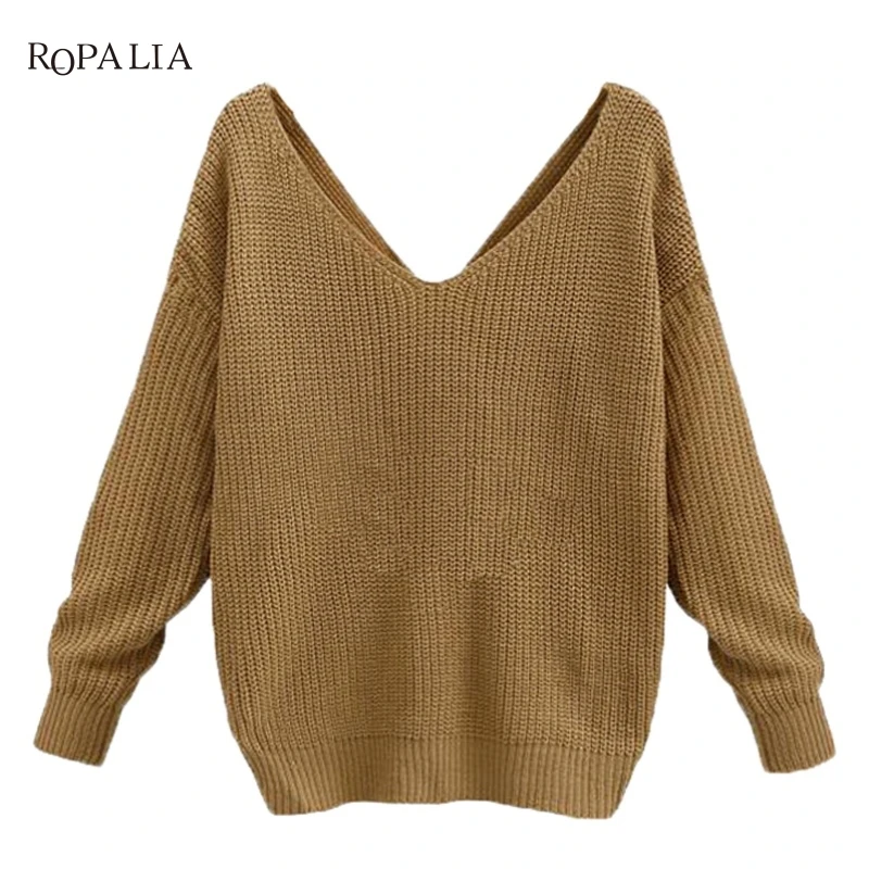 New Long Sleeve Knitted Sweaters V Neck Twisted Back Sweater Women Jumpers Pullovers 4 Colors Sweaters