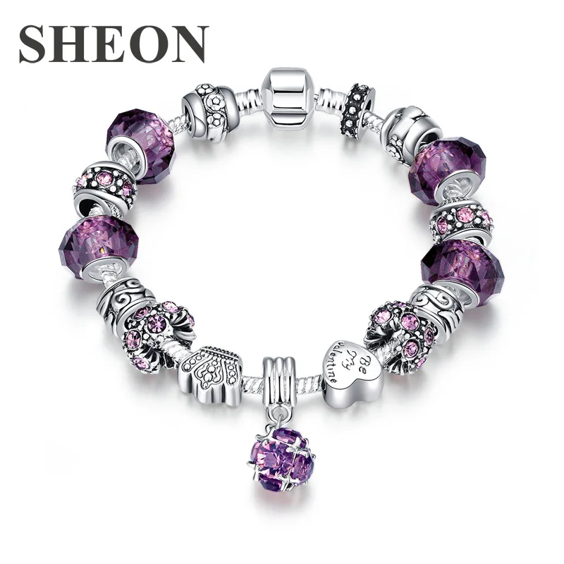 

SHEON New Arrival Antique Silver Charm Bracelet & Bangle with Love and Flower Beads Women Wedding Jewelry 3 Colors 20CM